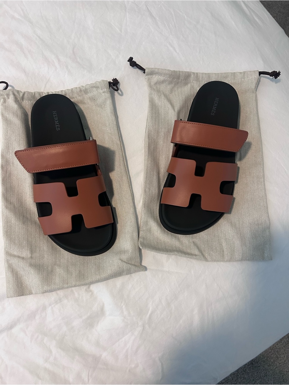 Hermès Brown Leather H-Strap Slide Sandals